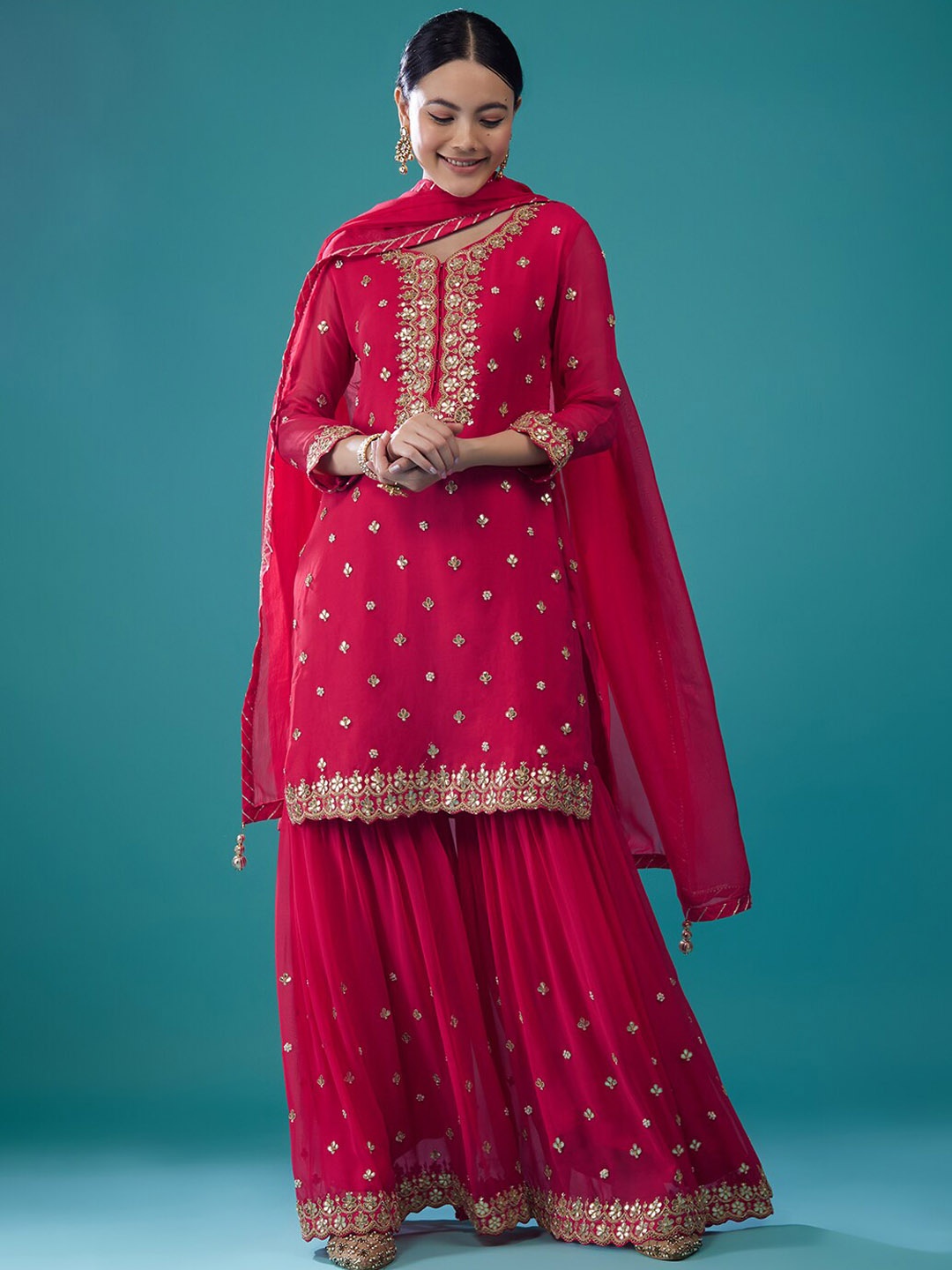 

KALKI Fashion Floral Embroidered Beads And Stones Kurta With Sharara & Dupatta, Red