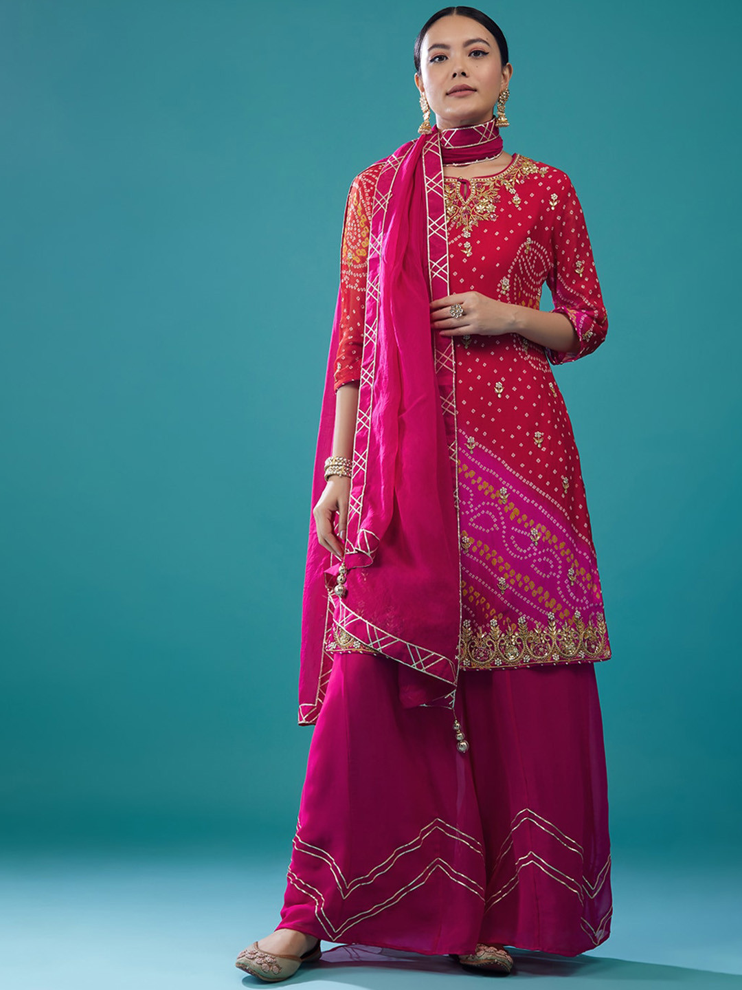 

KALKI Fashion Bandhani Embroidered Kurta with Palazzos & Dupatta, Pink