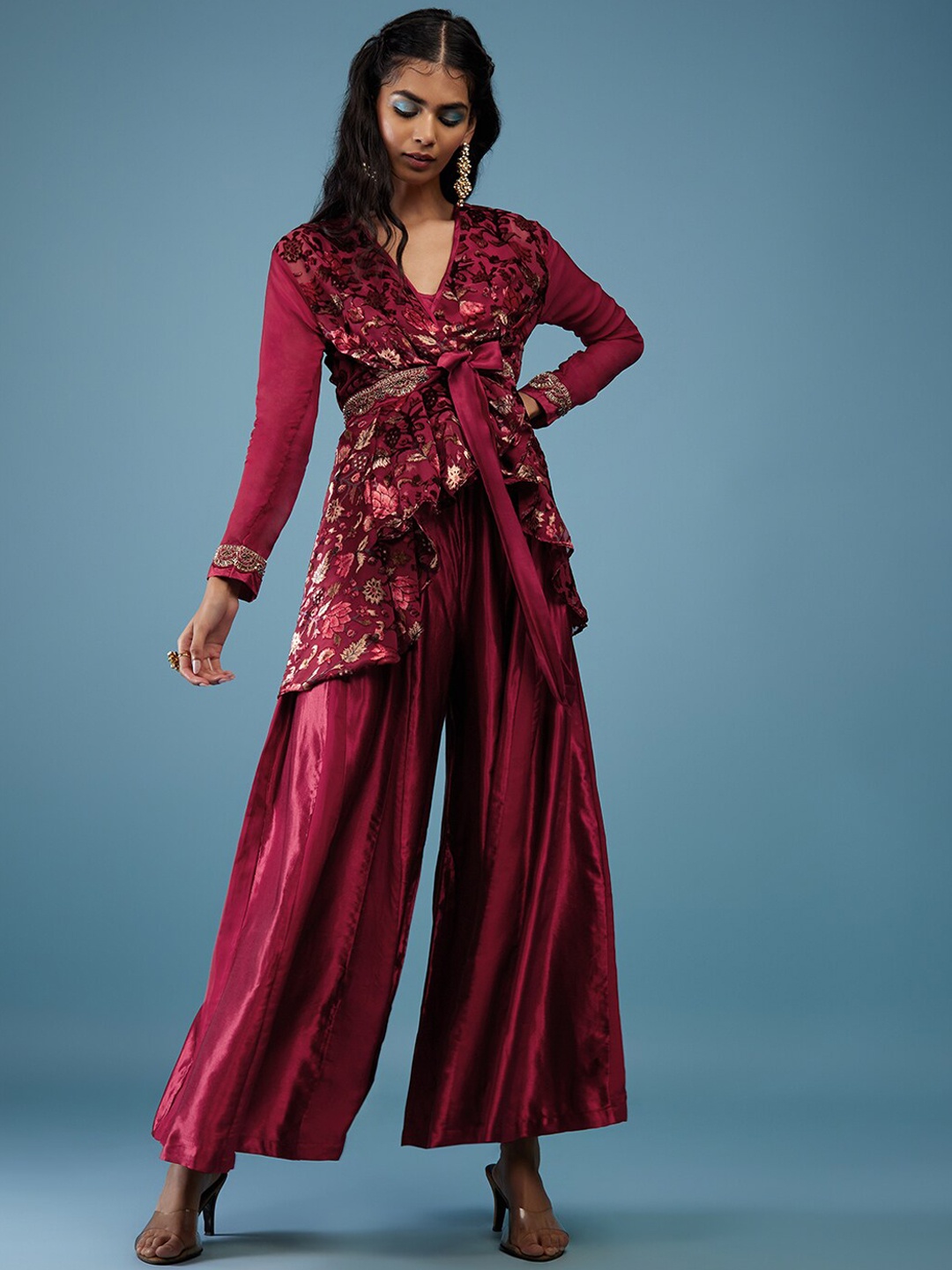 

KALKI Fashion Embroidered Silk Blend Kurti With Palazzos, Red