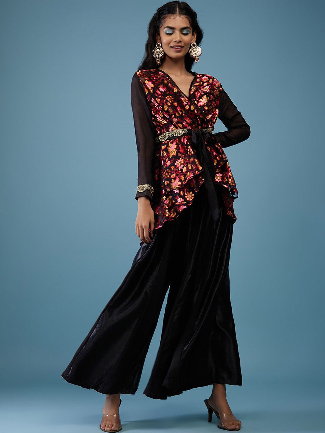 

KALKI Fashion Floral Printed Wrap Top with Palazzos & Belt, Black