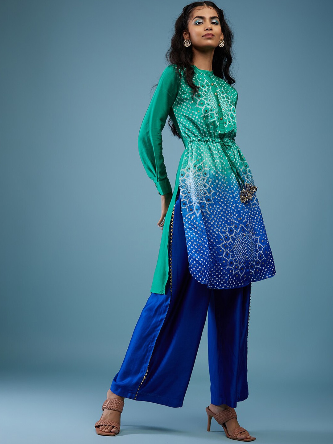 

KALKI Fashion Bandhani Printed Mandarin collar Kurta With Palazzos, Blue
