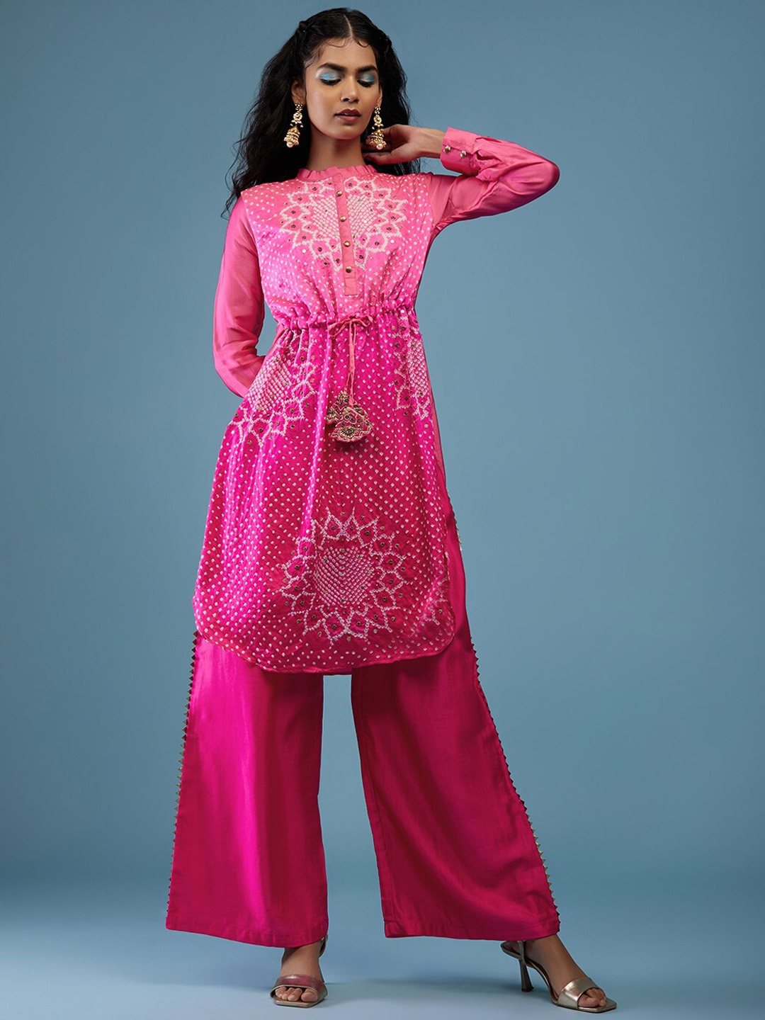 

KALKI Fashion Bandhani Printed Mandarin collar Kurta With Palazzos, Pink