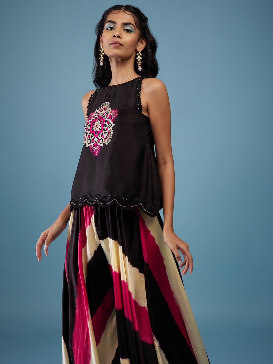 

KALKI Fashion Floral Embroidered Top with Palazzos, Black