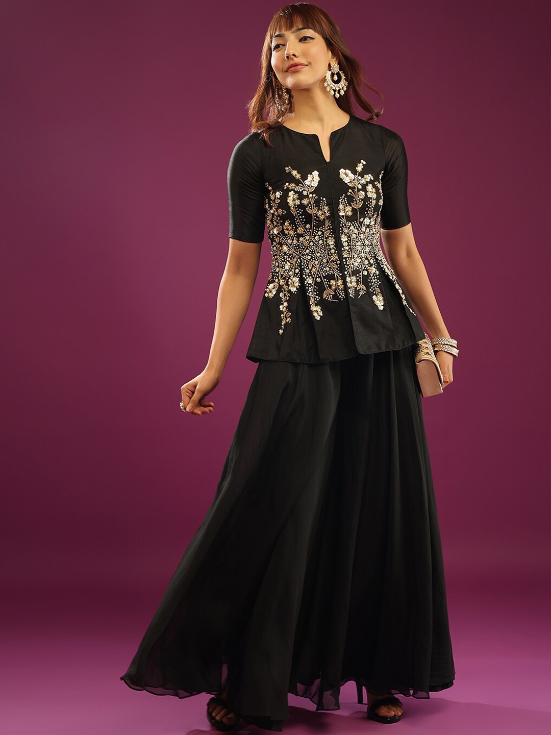 

KALKI Fashion Embellished Top with Palazzos, Black