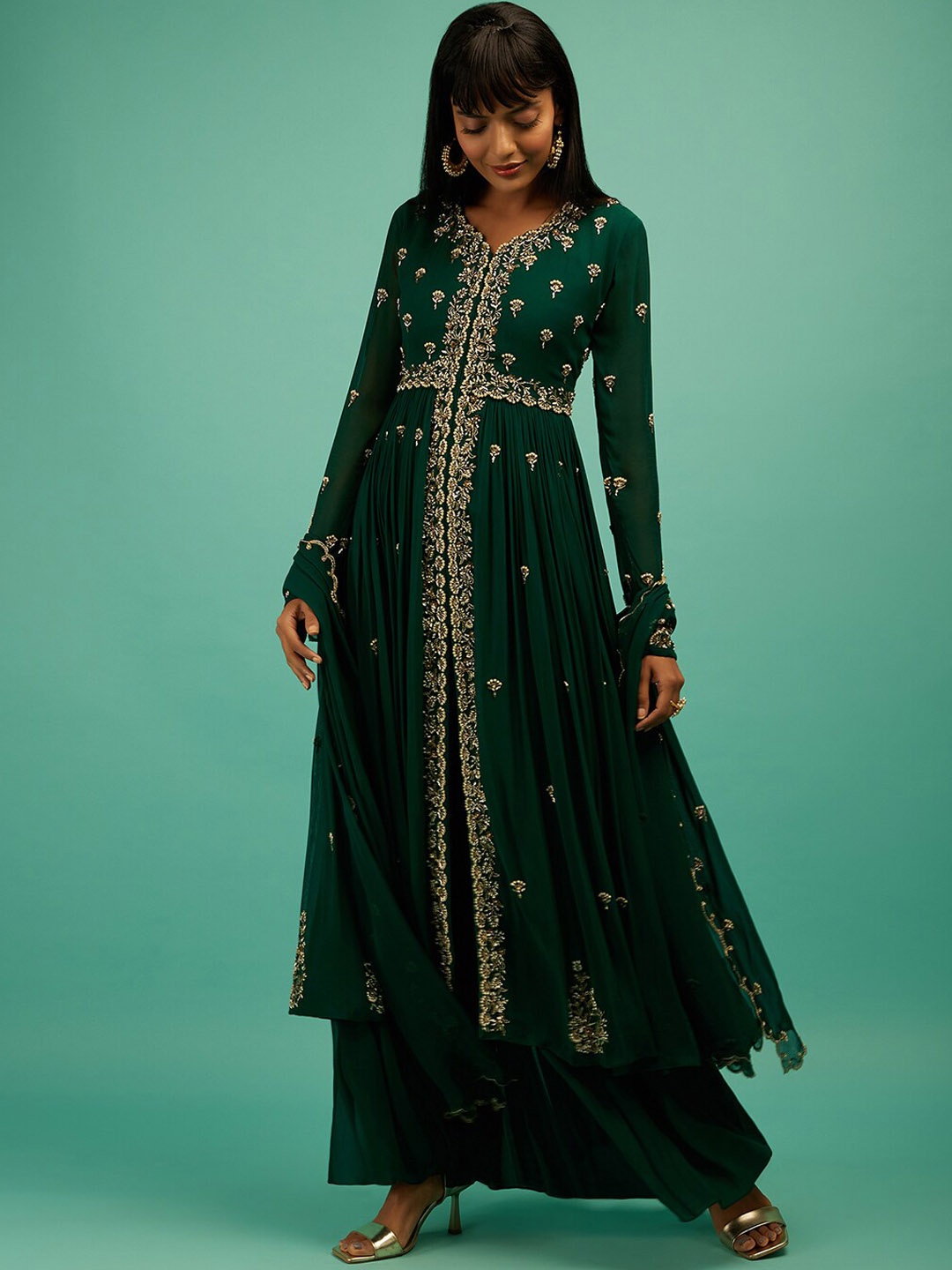 

KALKI Fashion Ethnic Motifs Embroidered Zardozi Georgette Kurta With Palazzos & Dupatta, Green