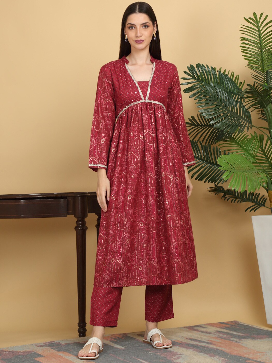 

KALINI Ethnic Motifs Printed Mirror Work Empire Anarkali Kurta with Trousers, Red