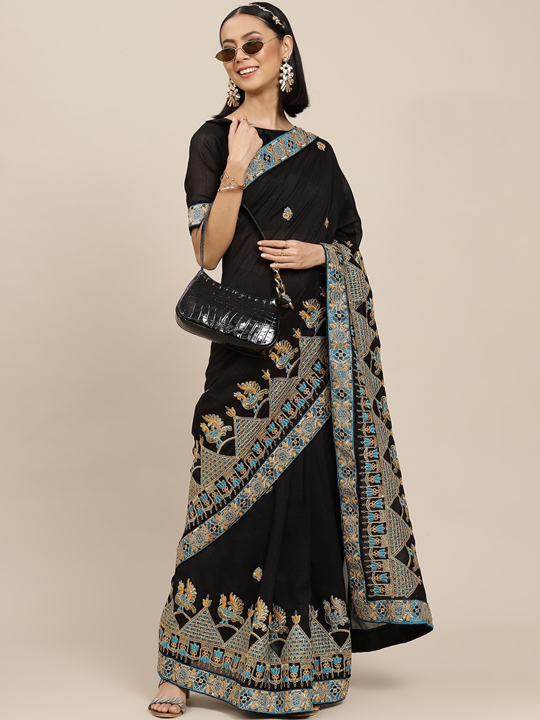 

Mitera Ethnic Motifs Embroidered Saree, Black