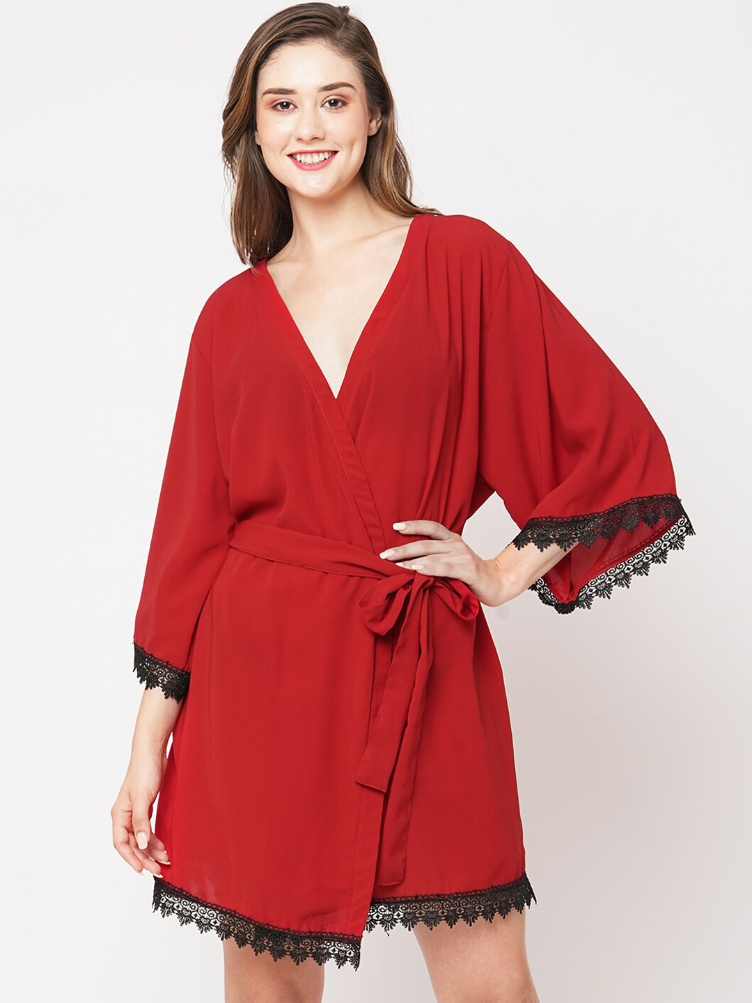 

Ashtag Women Lace Knee-Length Robe, Red