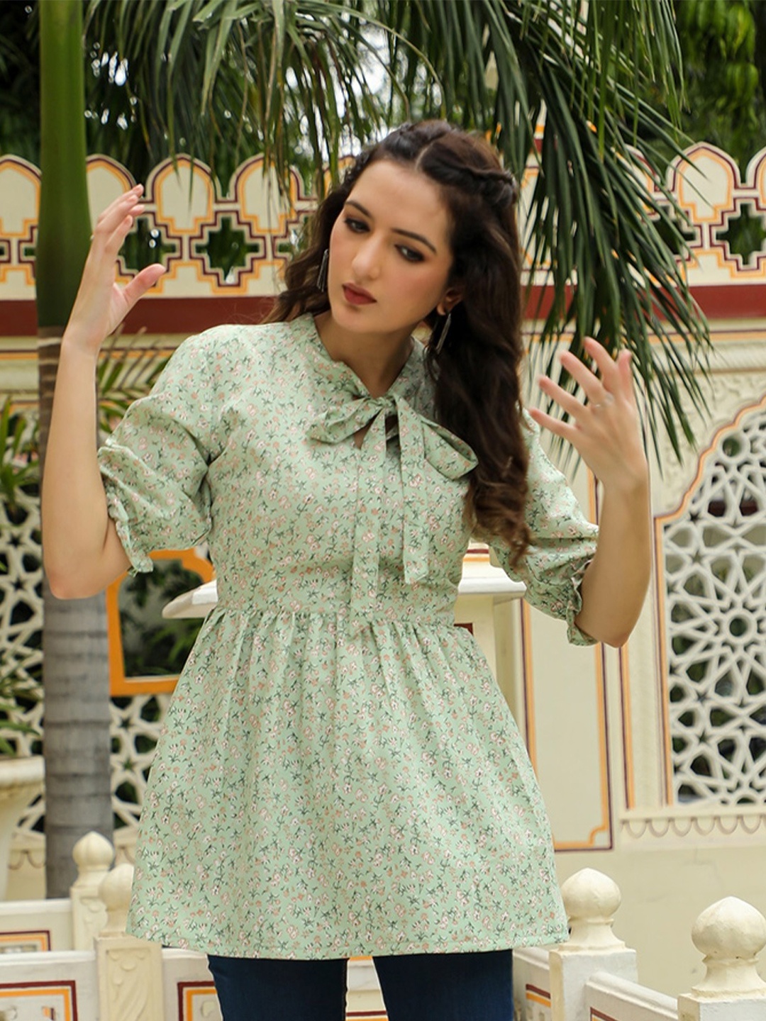 

MissKurti Tie Up Neck Printed Cotton Tunic, Sea green