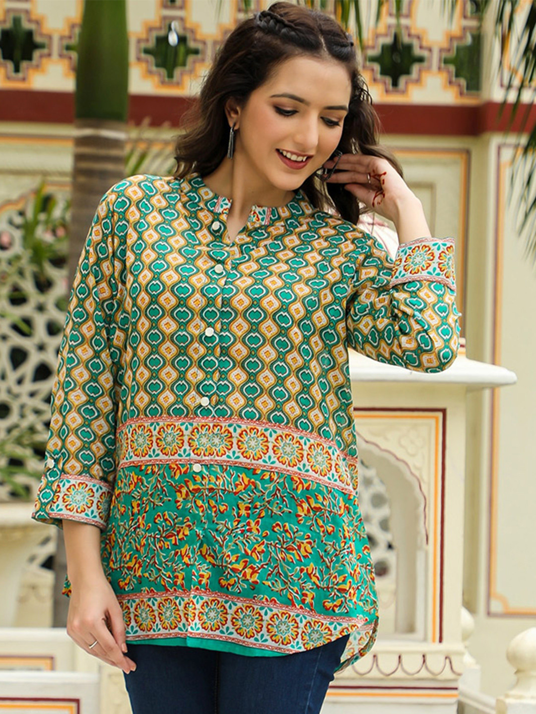 

MissKurti Ethnic Motifs Printed Cotton Tunic, Green