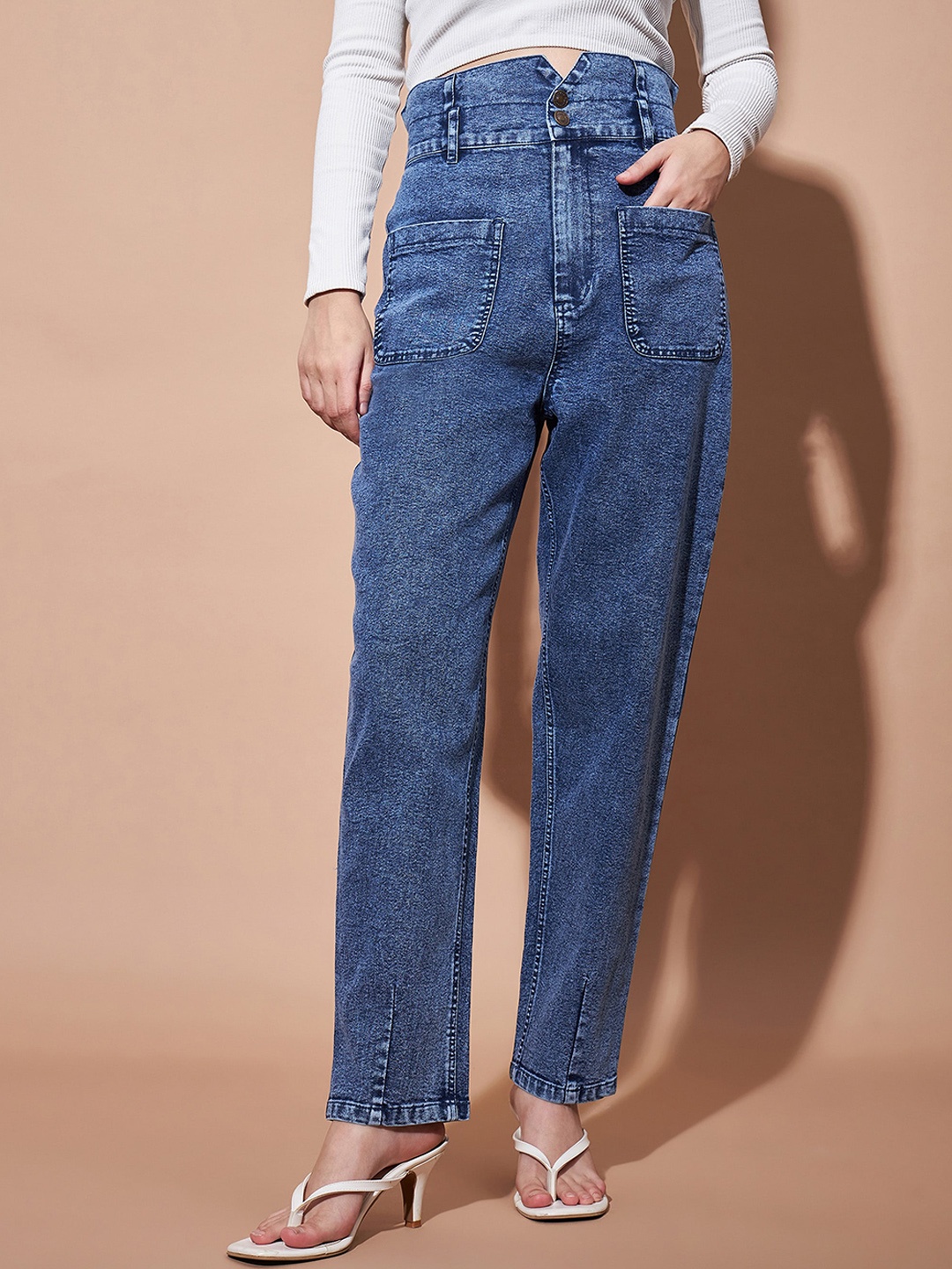 

SASSAFRAS BASICS Women Regular Fit High-Rise Clean Look Heavy Fade Baggy Jeans, Blue