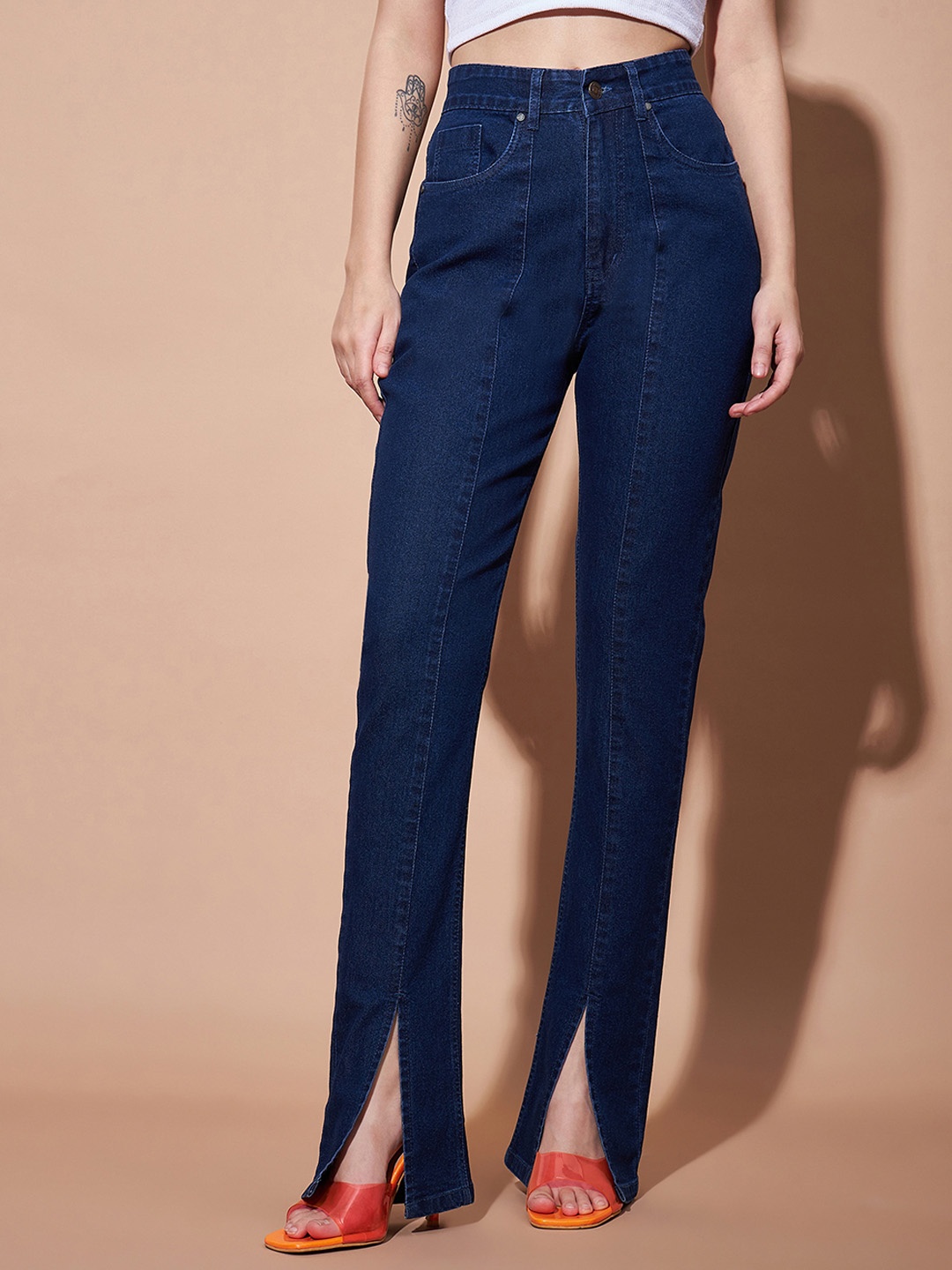 

SASSAFRAS BASICS Women Skinny Fit High-Rise Clean Look Slit Jeans, Navy blue