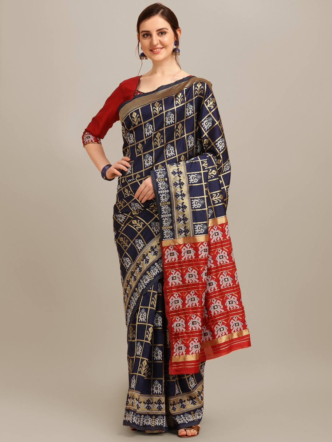 

Mitera Blue Ethnic Motifs Woven Design Zari Silk Cotton Banarasi Saree