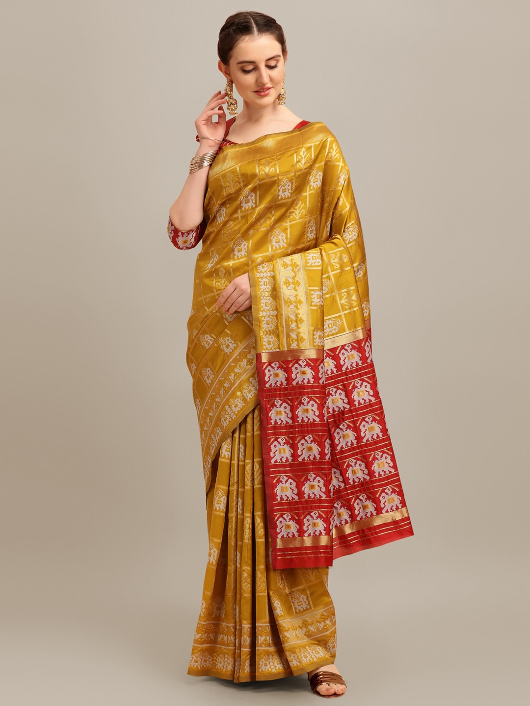 

Mitera Ethnic Motifs Woven Design Zari Silk Cotton Banarasi Saree, Yellow