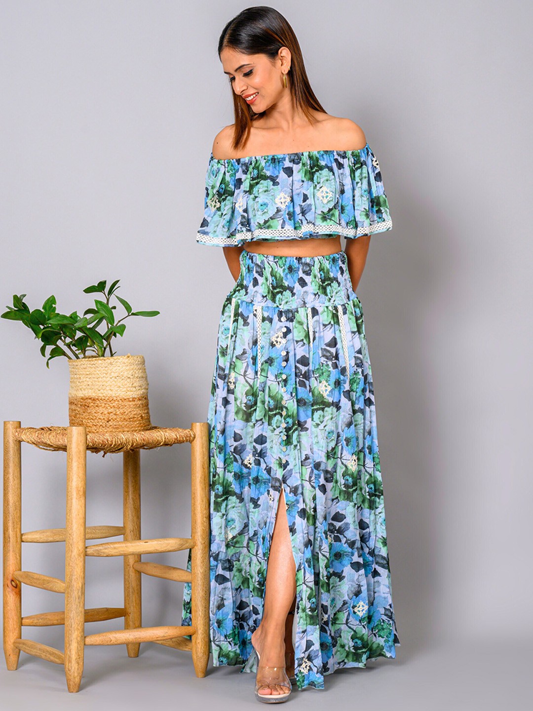 

WESTIFIED Floral Printed With Embroidered Top With Skirt, Blue