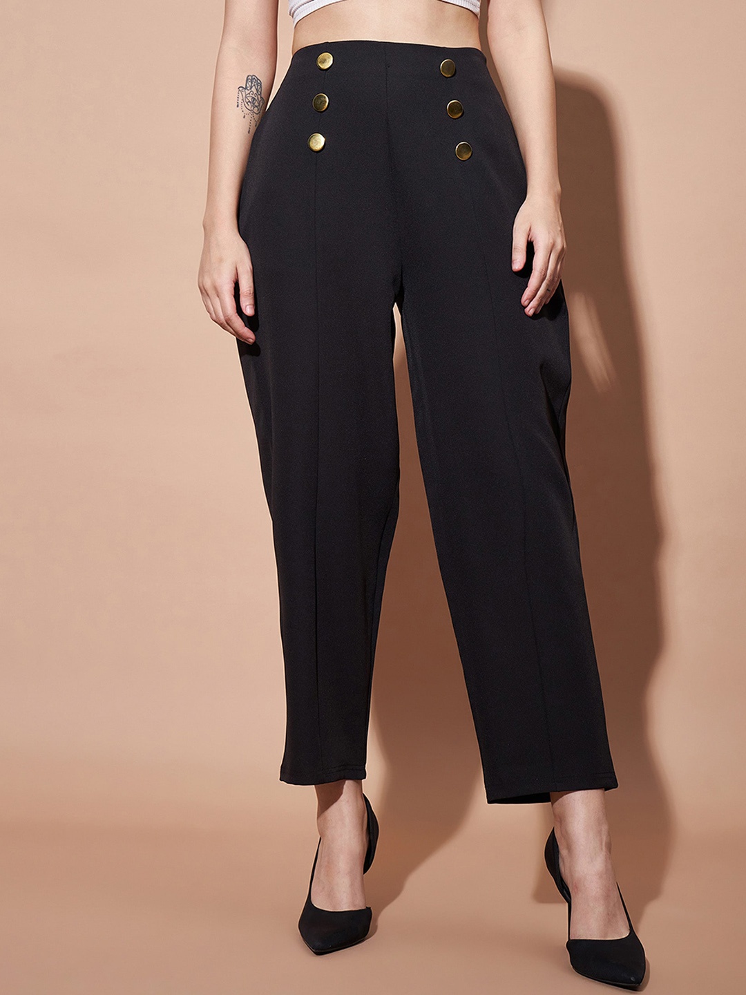 

SASSAFRAS BASICS Women High-Rise Front Darted Trousers, Black