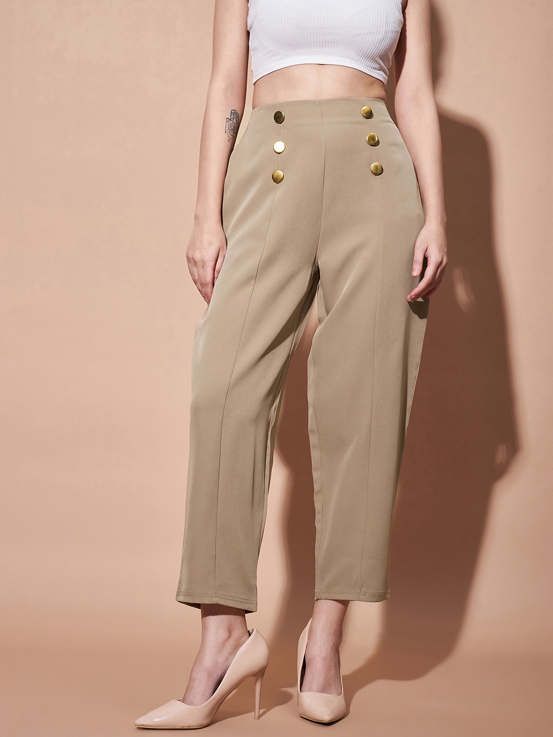 

SASSAFRAS BASICS Women Regular Fit High-Rise Plain Parallel Trousers, Beige