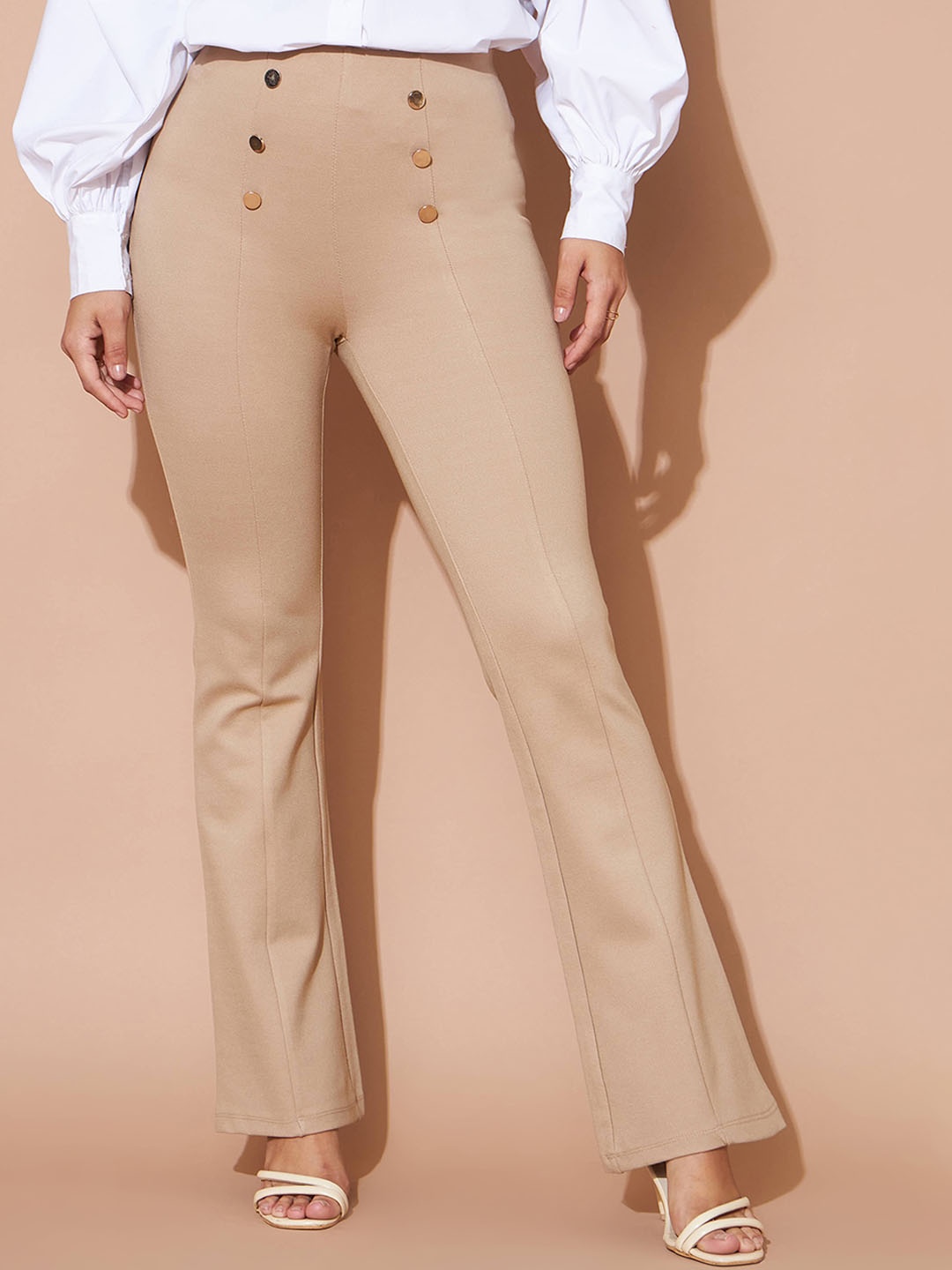 

SASSAFRAS BASICS Women Flared Fit High-Rise Bootcut Trousers, Beige