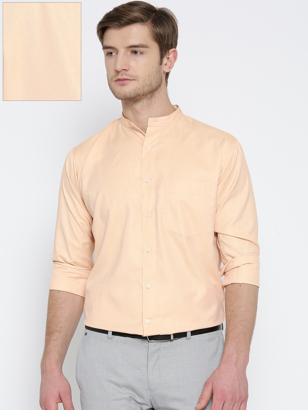 

Shaftesbury London Men Peach-Coloured Slim Fit Self Design Formal Shirt