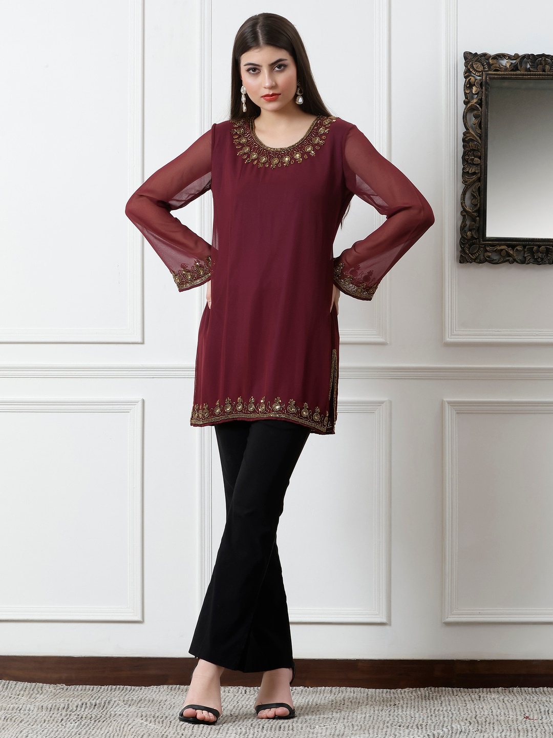 

DEBONATELLA Aari Work Pure Georgette Kurti, Maroon