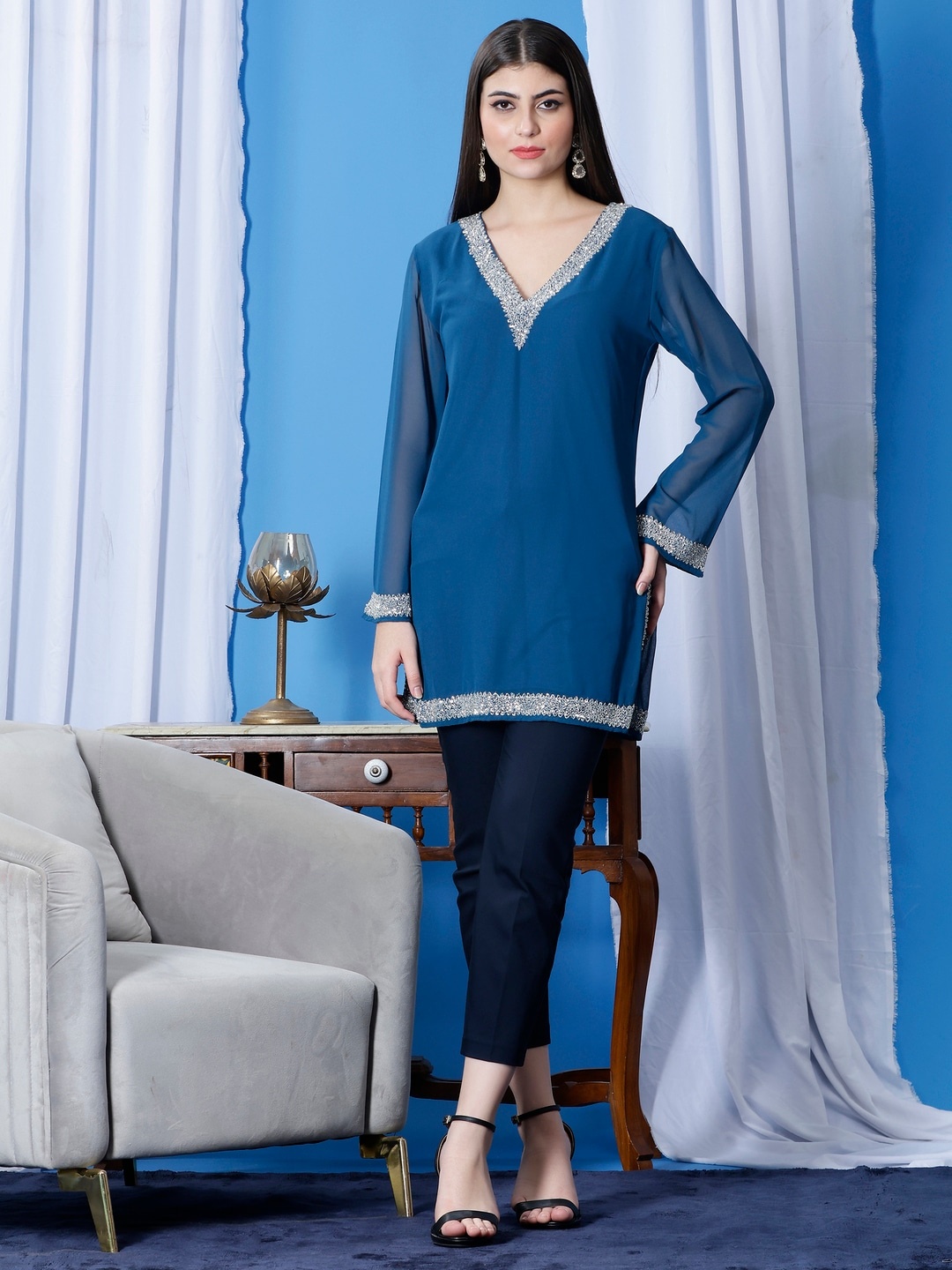 

DEBONATELLA V-Neck Beads and Stones Pure Georgette Kurti, Blue