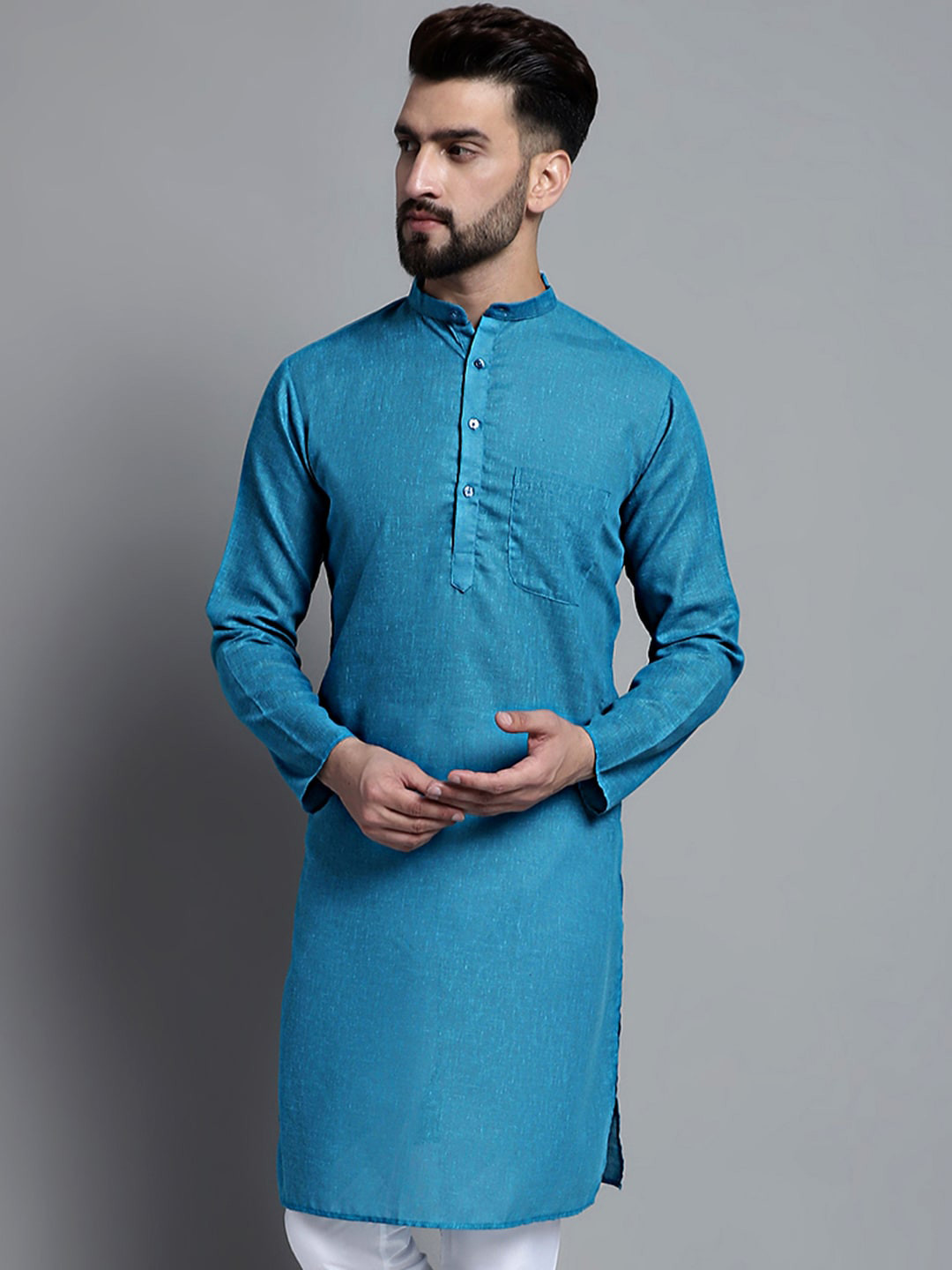 

Jompers Woven Design Band Collar Cotton Straight Kurta, Blue