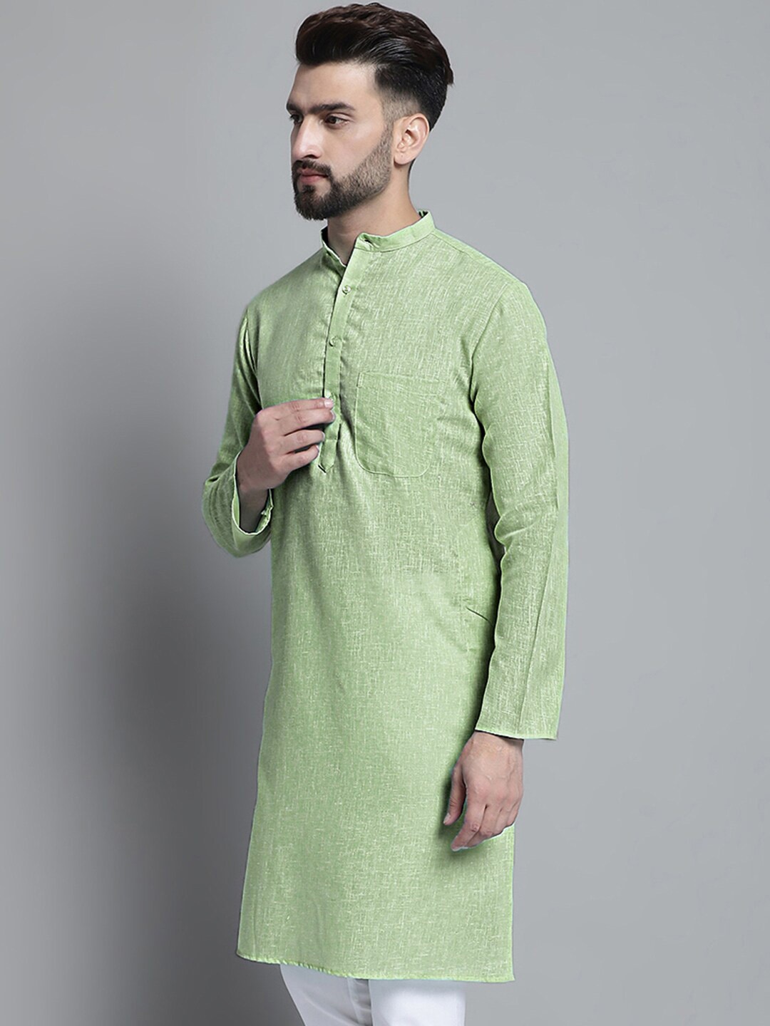 

Jompers Woven Design Mandarin Collar Pure Cotton Straight Kurta, Green