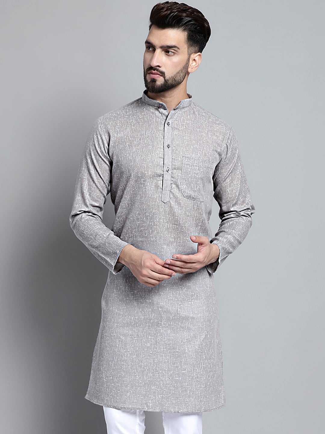 

Jompers Woven Design Band Collar Cotton Straight Kurta, Grey