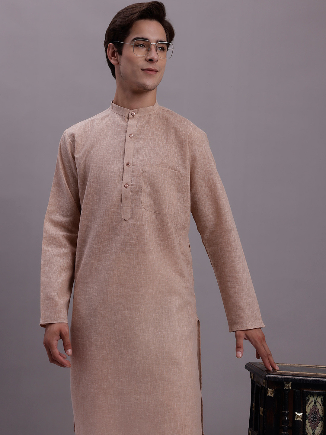 

Jompers Woven Design Mandarin Collar Pure Cotton Straight Kurta, Beige