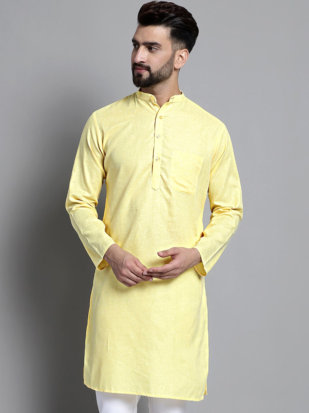 

Jompers Woven Design Mandarin Collar Pure Cotton Straight Kurta, Yellow