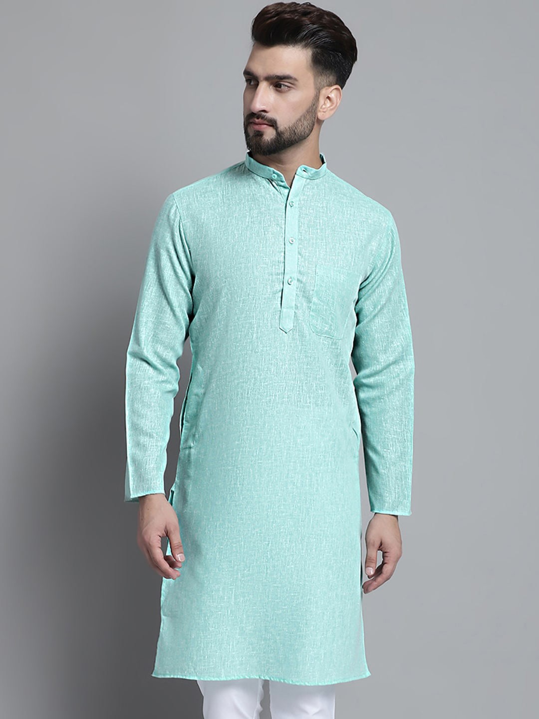 

Jompers Band Collar Pure Cotton Straight Kurta, Green