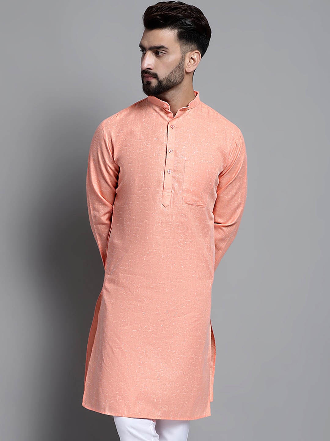 

Jompers Woven Design Band Collar Cotton Straight Kurta, Peach