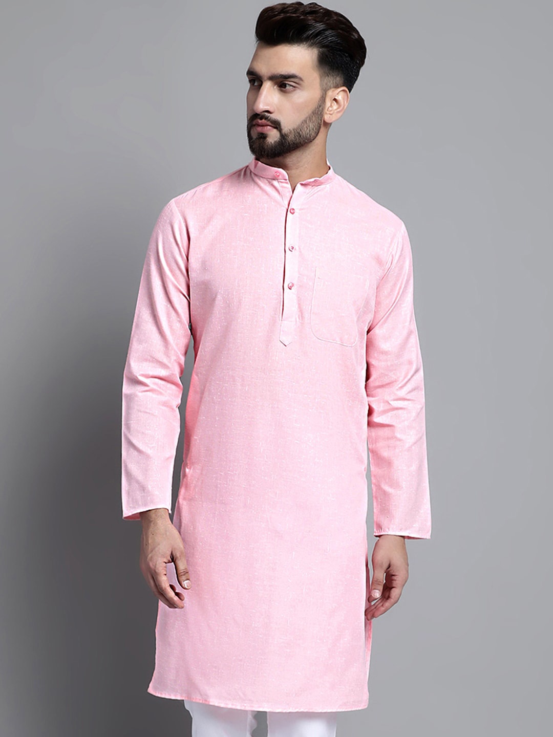 

Jompers Woven Design Band Collar Cotton Straight Kurta, Pink