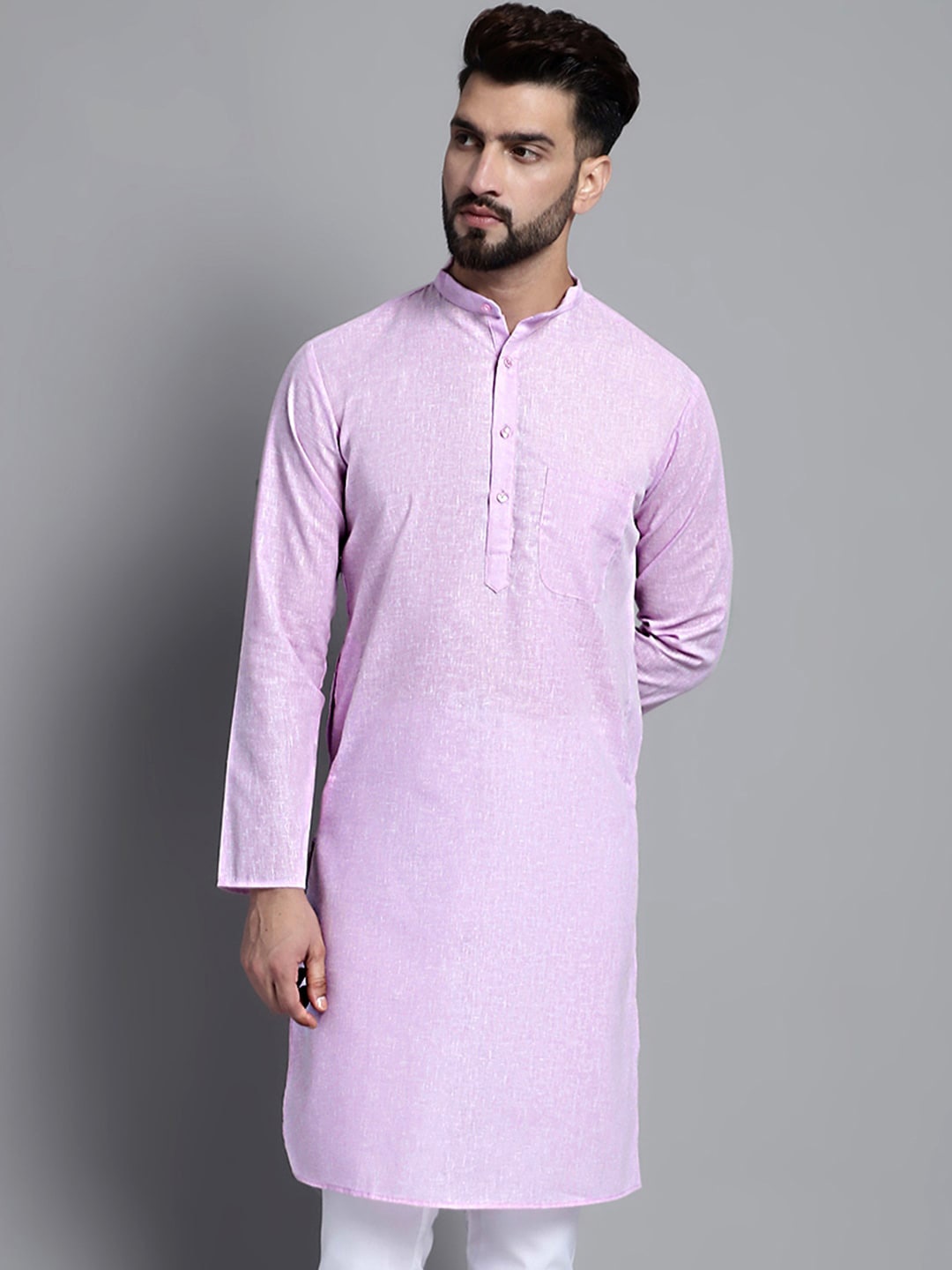 

Jompers Woven Design Mandarin Collar Pure Cotton Straight Kurta, Purple