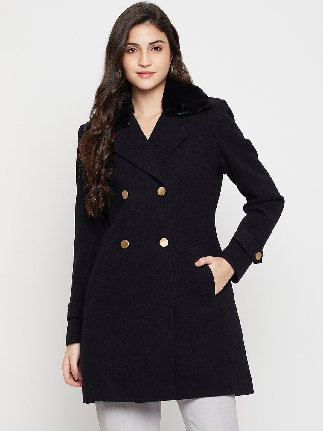 

Cantabil Double Breasted Notched-Lapel Long Overcoat With Faux Fur Trim, Navy blue