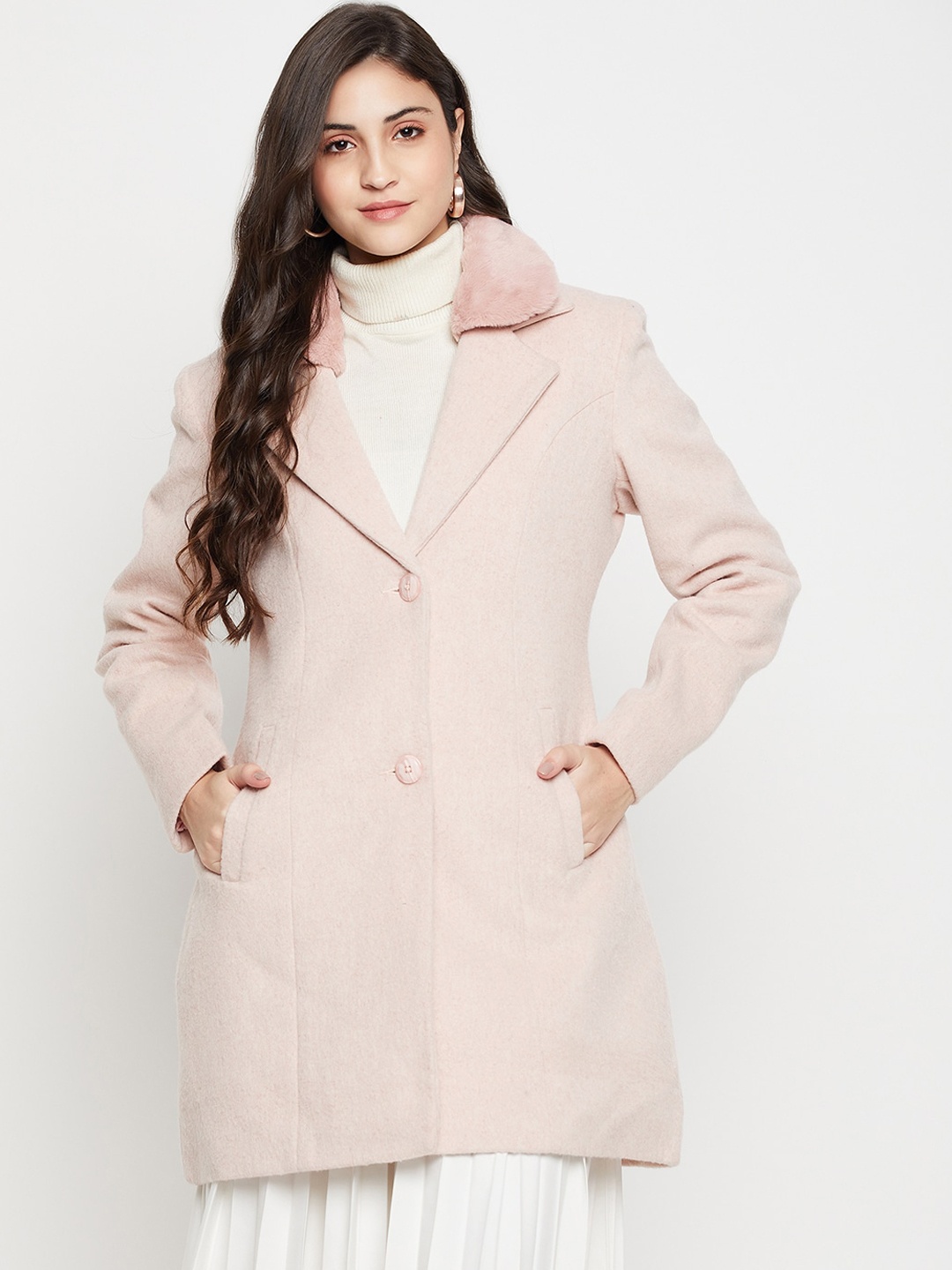 

Cantabil Single-Breasted Notched-Lapel Long Overcoat With Faux Fur Trim, Pink