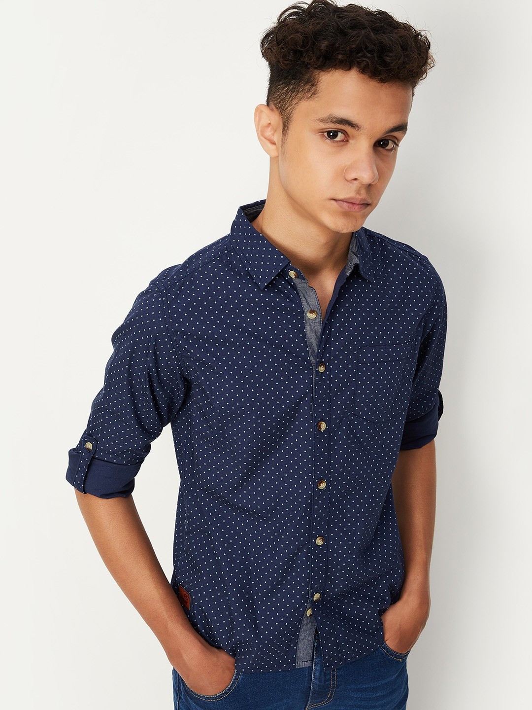 

max Boys Micro Ditsy Printed Spread Collar Roll Up Sleeves Pure Cotton Casual Shirt, Navy blue