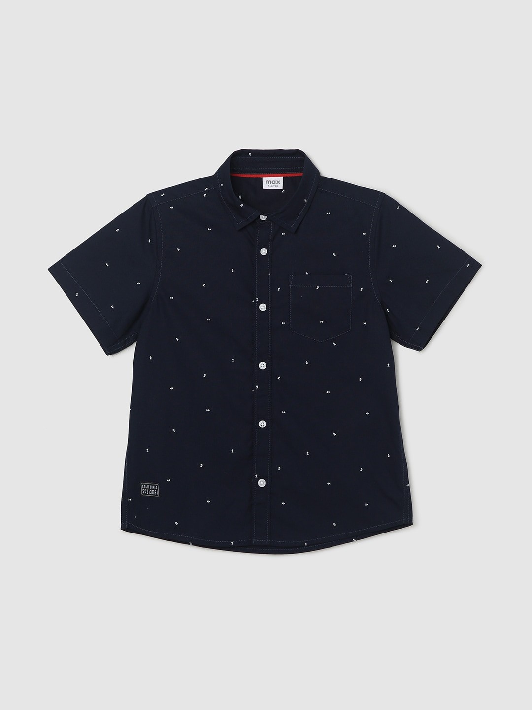 

max Boys Micro Ditsy Printed Spread Collar Chest Pocket Pure Cotton Casual Shirt, Navy blue