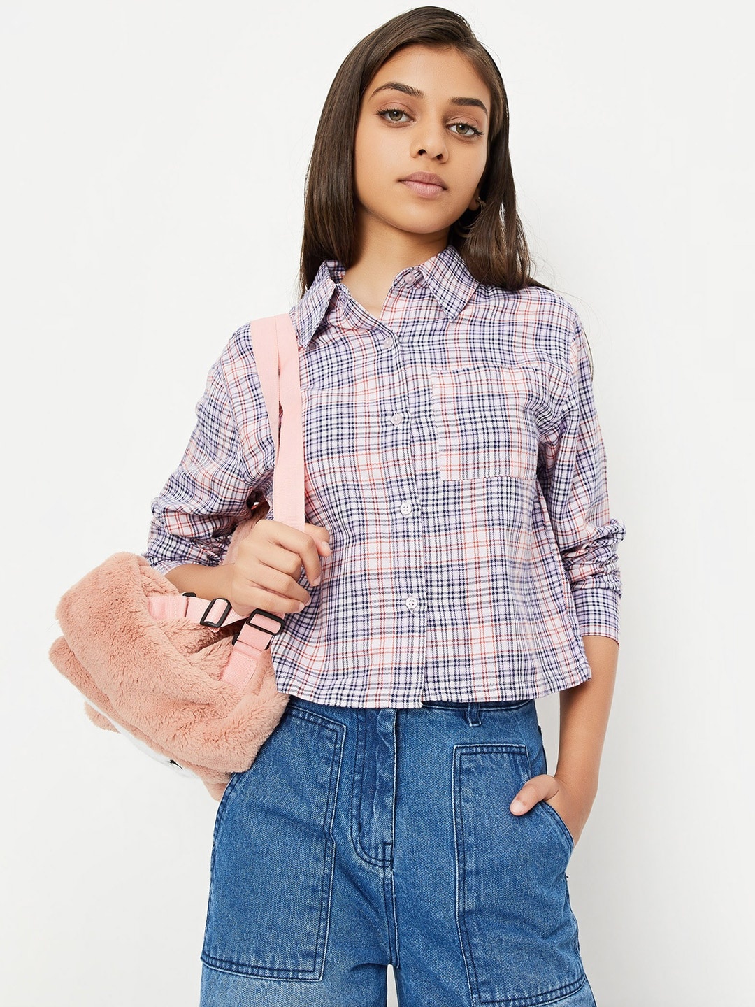 

max Girls Tartan Checked Spread Collar Chest Pocket Crop Pure Cotton Casual Shirt, Pink