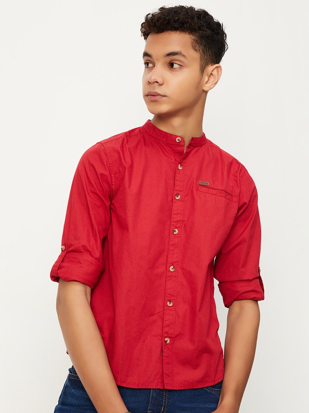 

max Boys Band Collar Roll Up Sleeves Patch Pocket Pure Cotton Casual Shirt, Red