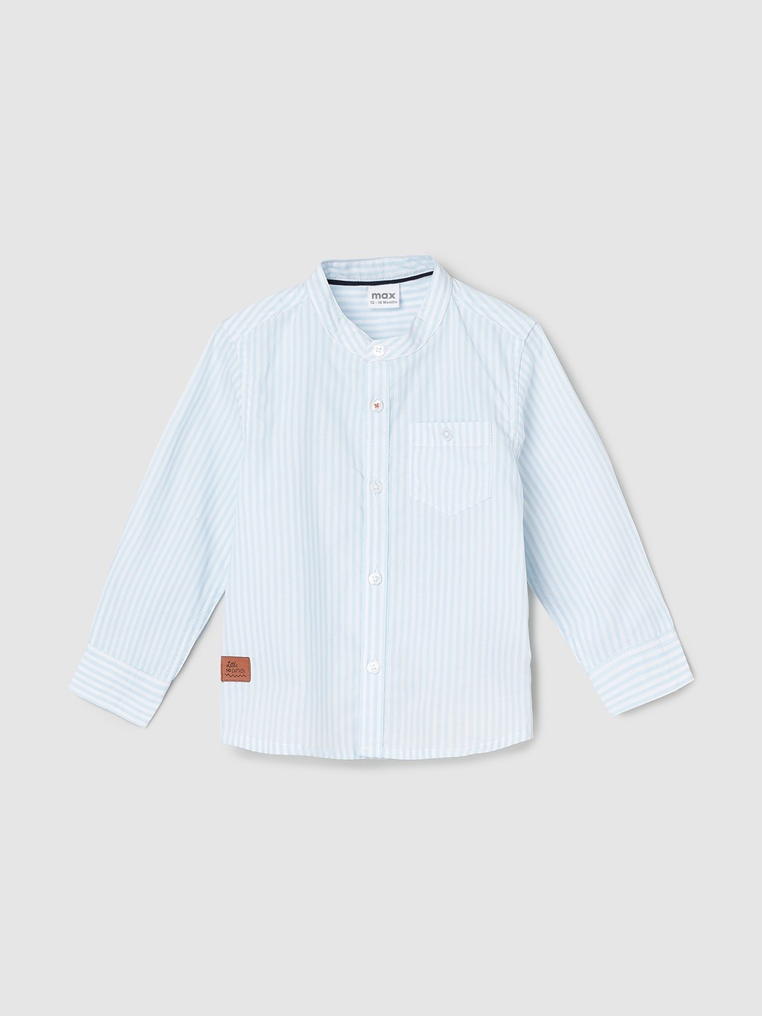 

max Boys Band Collar Vertical Striped Chest Pocket Pure Cotton Casual Shirt, Blue