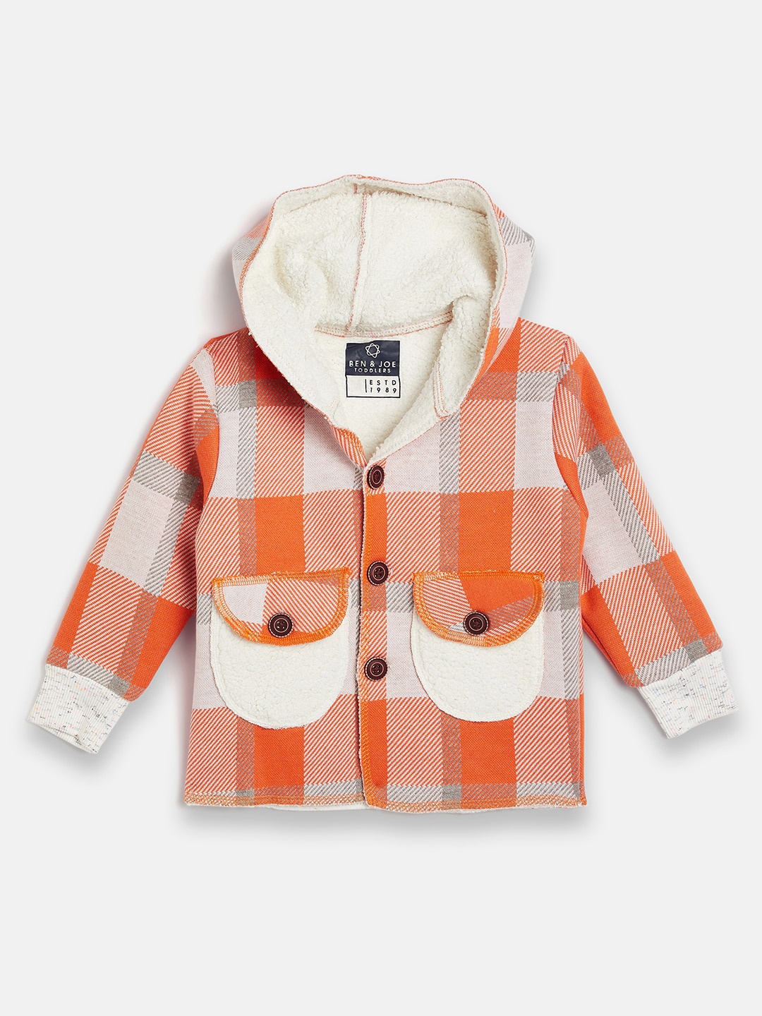 

Ben & Joe Boys Checked Hooded Fleece Pullover, Orange