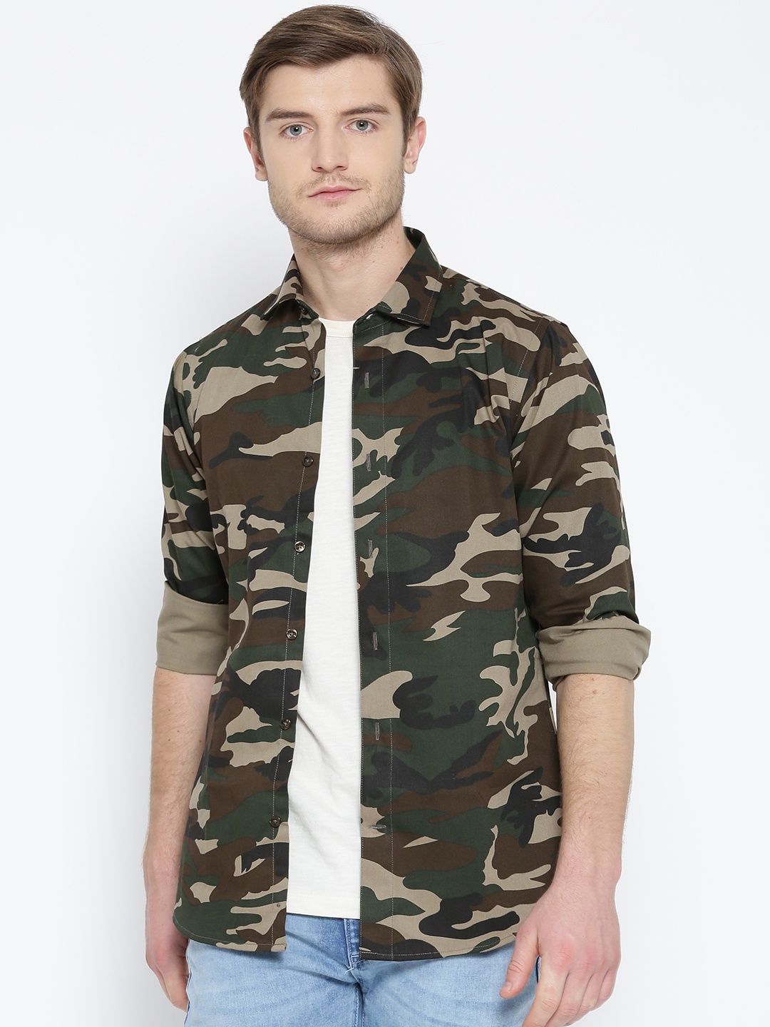 

Shaftesbury London Men Olive Green & Black Smart Slim Fit Camouflage Print Shacket
