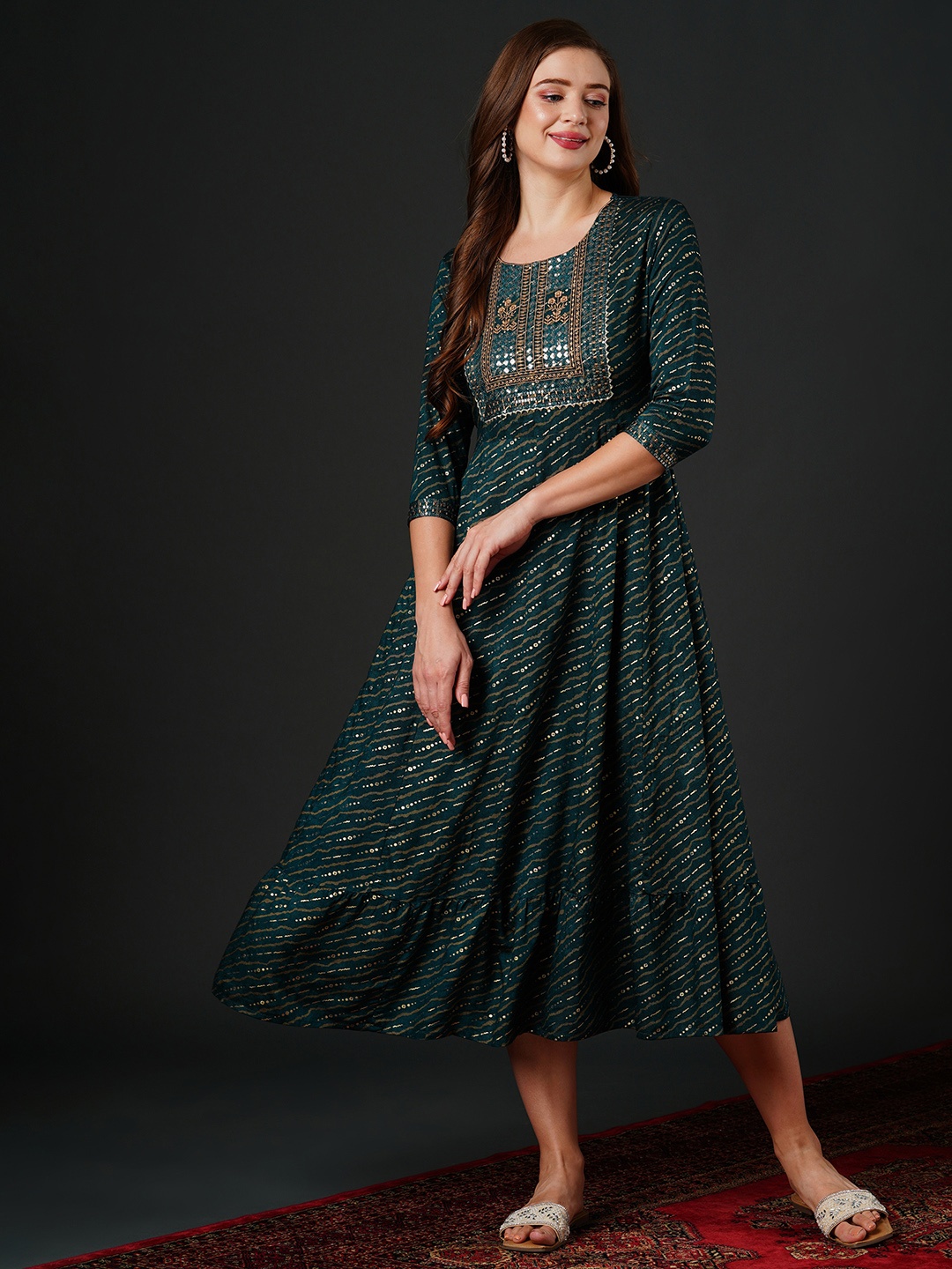 

Anouk Ethnic Motifs Printed A-Line Midi Ethnic Dress, Green
