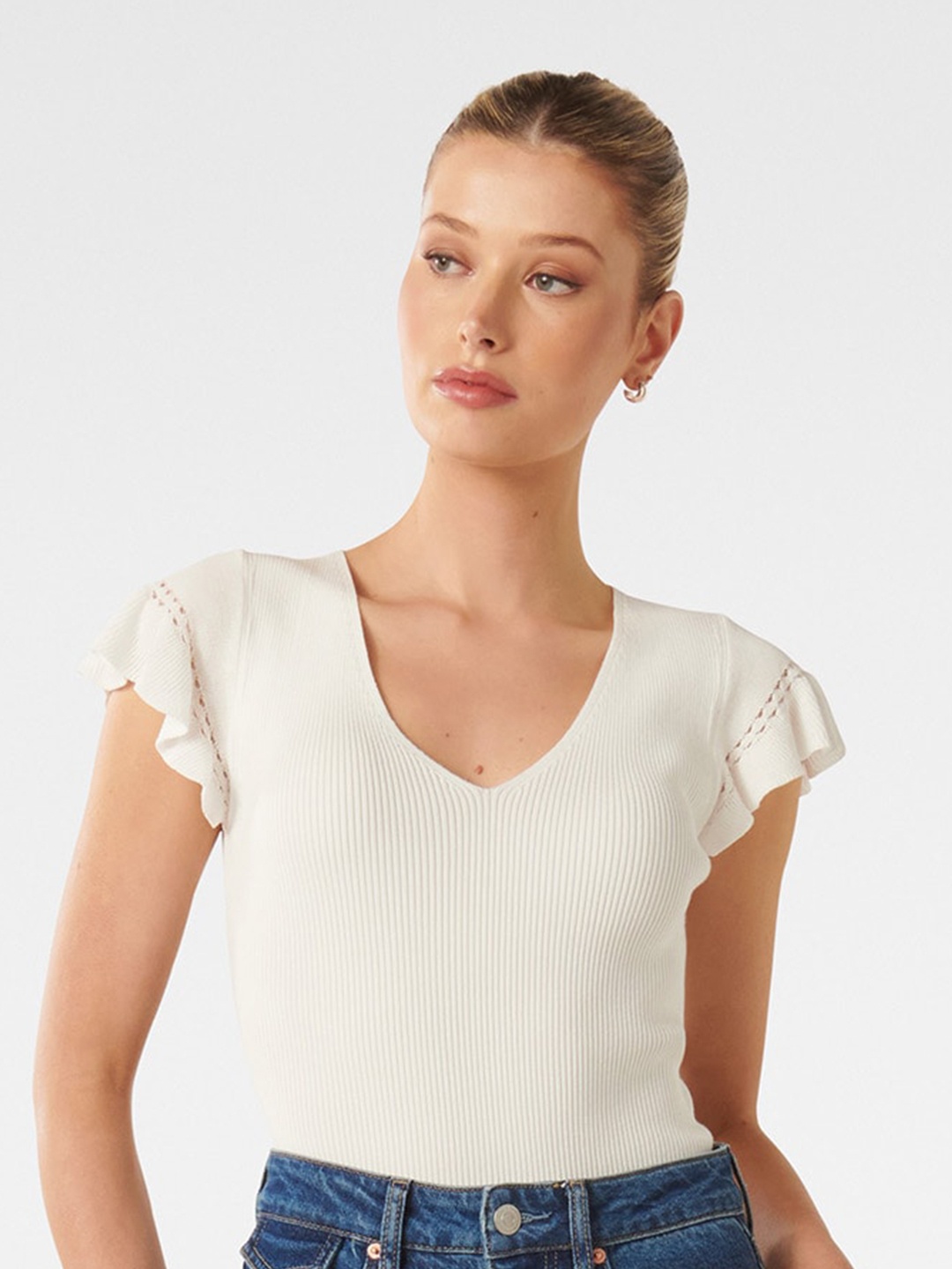 

Forever New Striped V-Neck Flutter Sleeves Top, White