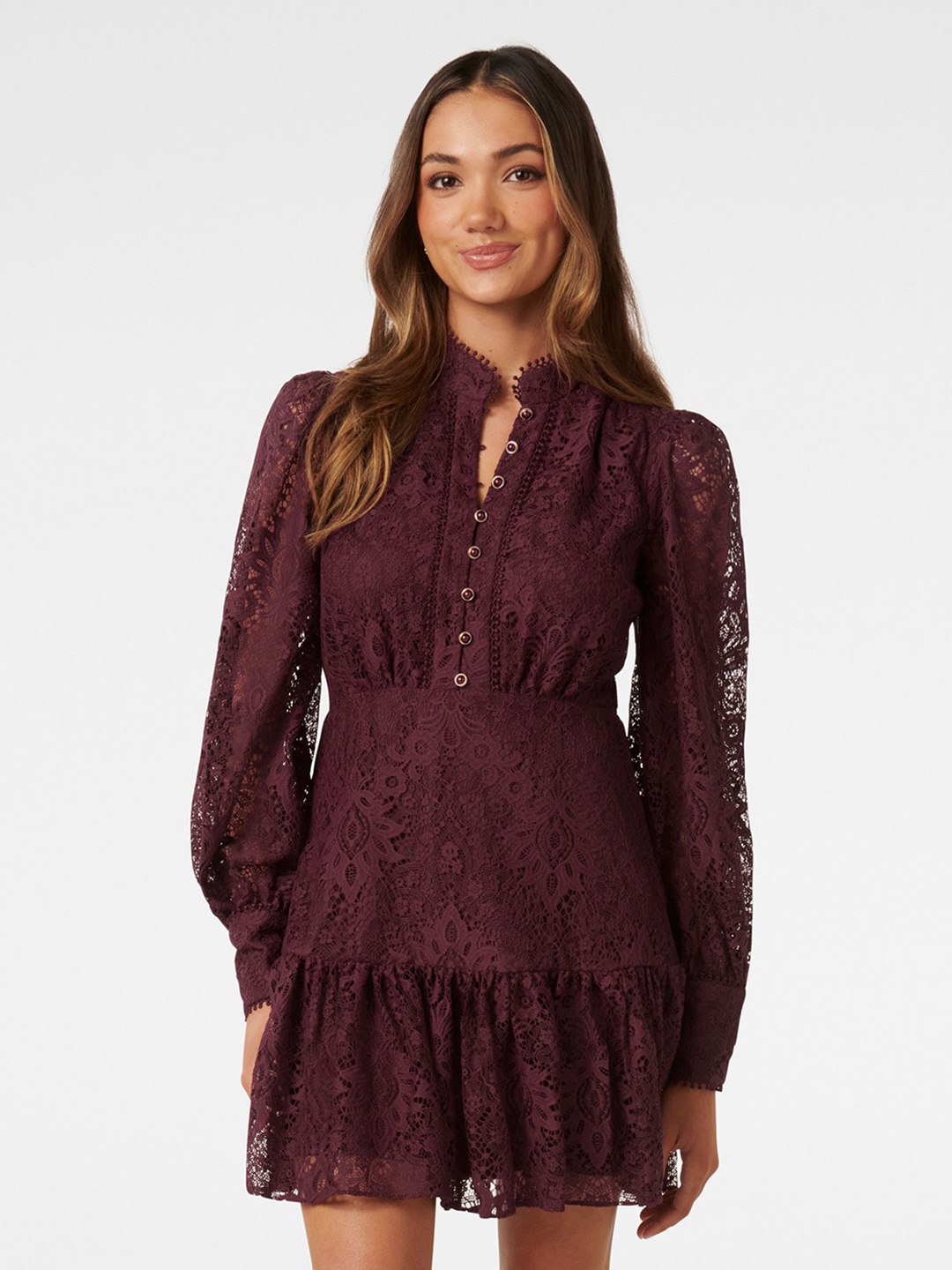 

Forever New Lace Puff Sleeves Fit & Flare Mini Dress, Maroon