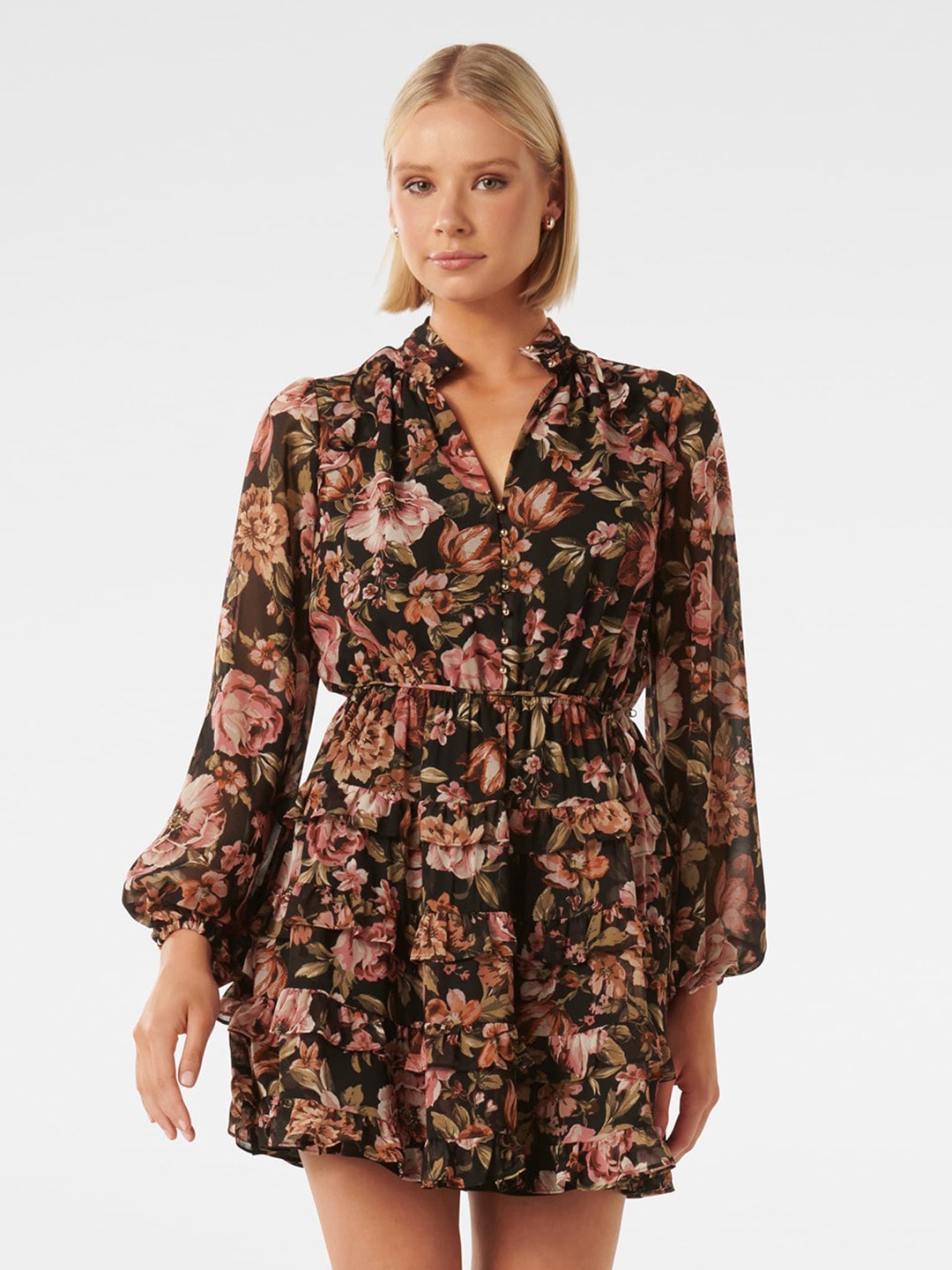 Forever New Floral Printed Tiered Fit & Flare Mini Dress, Black