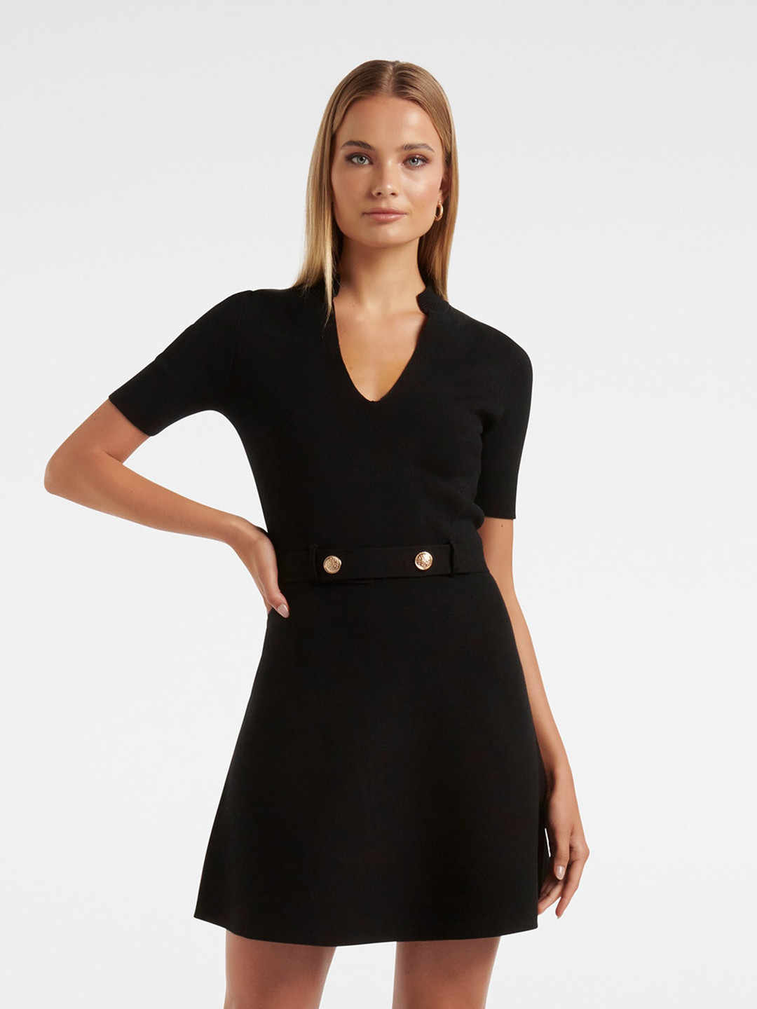 

Forever New Mandarin Collar A-Line Mini Dress, Black