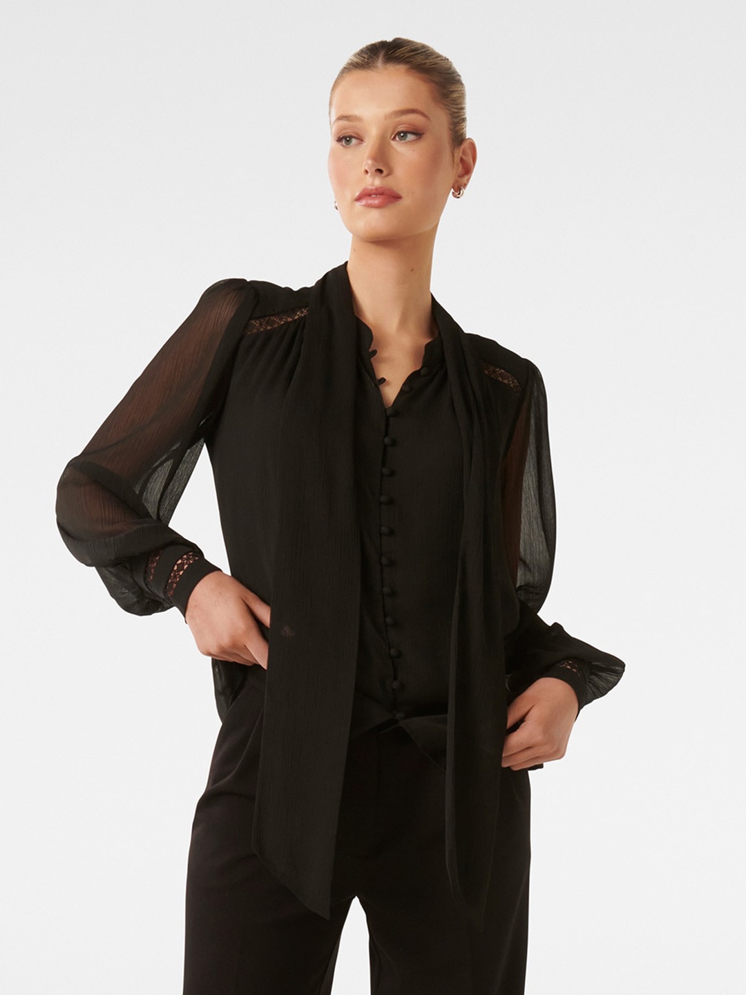 

Forever New Mandarin Collar Cuff Sleeves Shirt Style Top, Black
