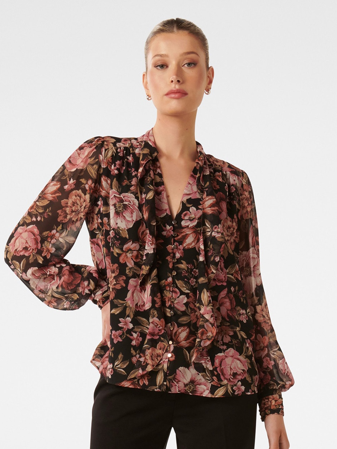 

Forever New Floral Printed V-Neck Puff Sleeves Top, Black